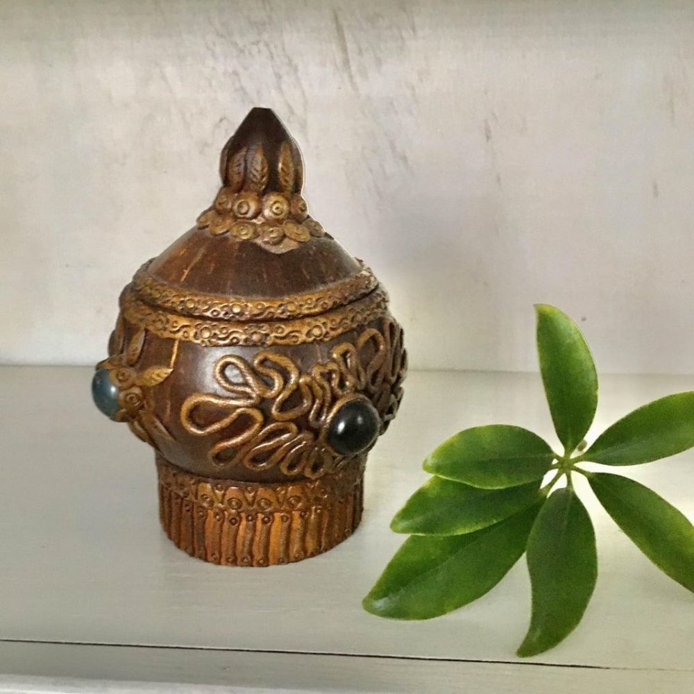 LP Hollow Coconut Box Carved Jeweled Detail Lid/Hinge 6"H | From Ecuador